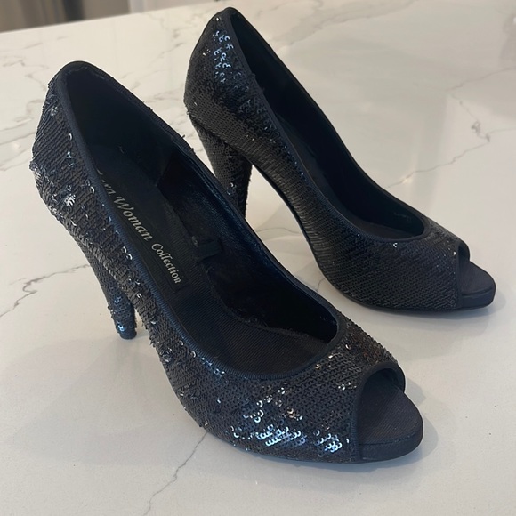 Zara women size 36 black and silver sequin heels open toe shoes fashion fancy - Picture 4 of 9